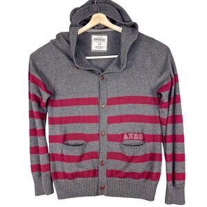 Aeropostale‎ Cardigan Sweater Mens Large Gray Red Stripe Hooded AERO Logo